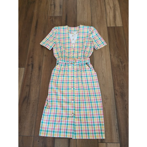 Vintage 80s Periwinkle Plaid Midi Dress Belted Career Cottagecore USA‎ - Picture 2 of 10